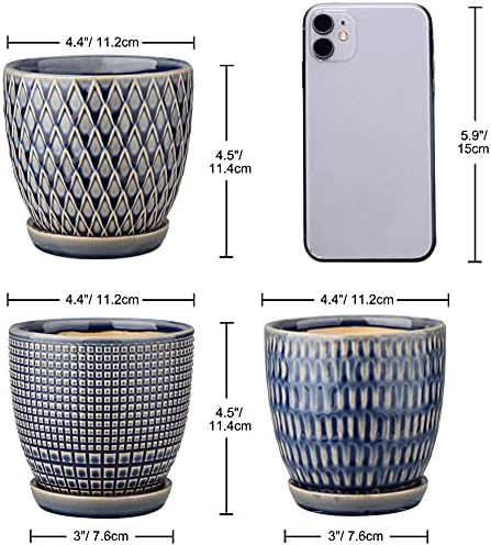 Oairse 4 inches Ceramic Planter Pots 3 Set of Small Round Flower Pots with Drainage Hole and Ceramic Tray for Succulents Cactus Indoor Outdoor Garden Home Windowsill - Image 4