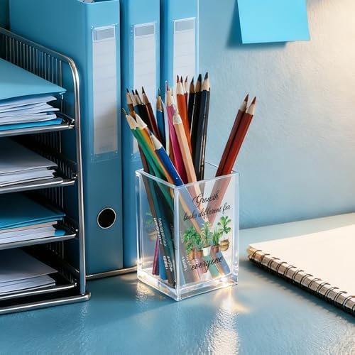 Growth Looks Different for Everyone Acrylic Cosmetic Pencil Holder Cup, Funny Plant Pen Holder for Women Teacher, Home Office Classroom Desk Accessories, Inspirational Gifts for Coworker Friend - Image 4