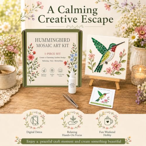 Hummingbird Mosaic Art Kit for Adults: DIY Floral Acrylic Art Kits with Pre-Cut Pieces, Glue & Tools - Complete Mosaic Kits for Creative Home Decor & Relaxing Craft, B - Image 6