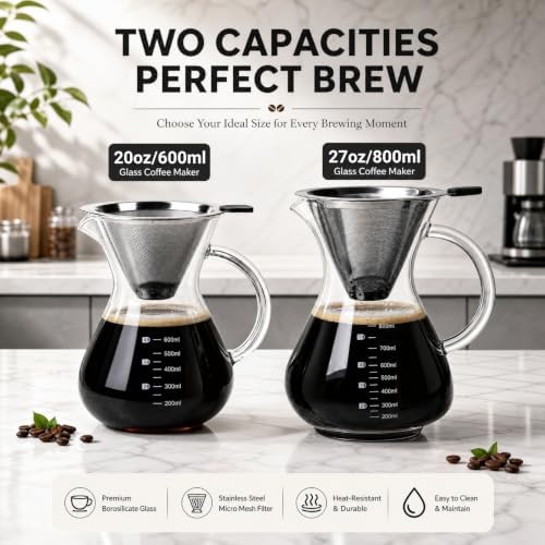 Pour Over Coffee Maker Set with Reusable Stainless Filter 20 fl oz, Heat-Resistant Borosilicate Glass Paperless Pour Over Coffee Dripper with coaster for Home Daily Coffee - Image 7