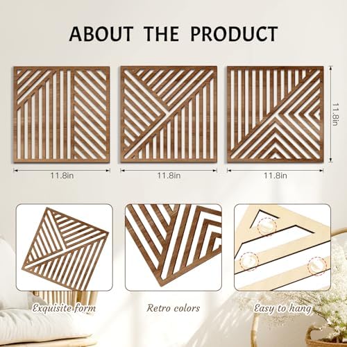 Bnesi 3 Piece Abstract Geometric Wood Wall Art Decor Modern Boho Minimalist Slatted Design Wall Sculpture Art Decor for Living Room Bedroom Home Bathroom (Classic, Medium) - Image 3