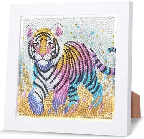 GHHKUD Tiger Diamond Art Painting Kits for Adults with Frame, Diamond Art Animals Crafts for Ages 4-6-8-12, Easy to DIY Gem Painting Gifts Home Wall Deco 15x15cm (Beautiful Packages) by GHHKUD