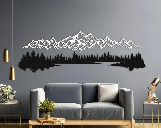 NORTH KAISER Metal Wall Art - Mountain & Forest Metal Wall Decor - Large Wall Sculpture for Rustic Home Living Room Bedroom Indoor/Outdoor (White, 39.3'' x 13'' / 100 x 33 cm)