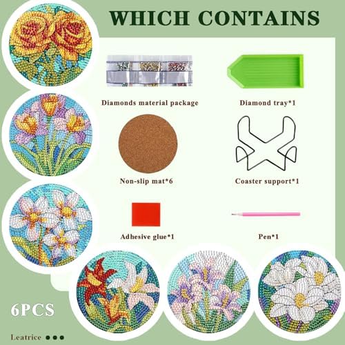Leatrice 6 Pcs Diamond Art Coasters Small Diamond Painting Kits for Adults - Image 2