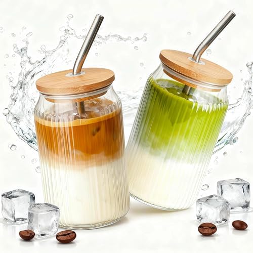 2 Packs Ribbed Glass Tumbler with Lid and Straw 16 oz Vintage Ice Coffee Cup Set Bulk Simple Smoothie Juice Matcha Tea Water Slushie Clear Hot Drink Glasses Travel Mug Modern Kitchen Glassware by Unknown