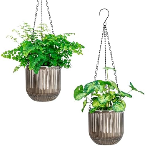 Melphoe 2 Pack Self Watering Hanging Planters Indoor Flower Pots, 5.3 Inch Outdoor Hanging Basket, Plant Hanger with 3Hooks Drainage Holes for Garden Home (Gray) by Melphoe