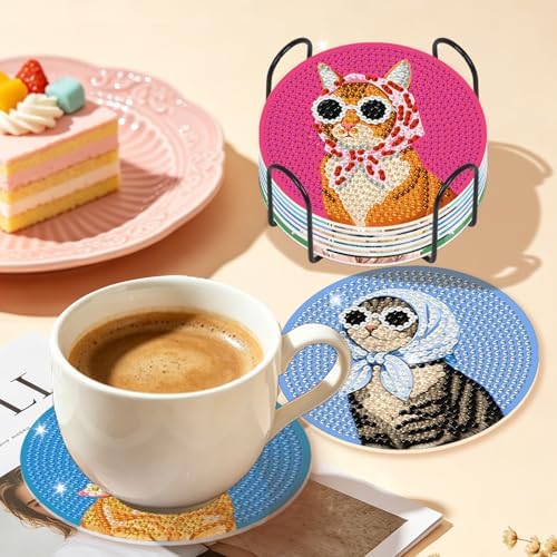 Diamond Art Coasters Kit for Adults, 8PCS Funny Cat Coasters with Holder - Image 6