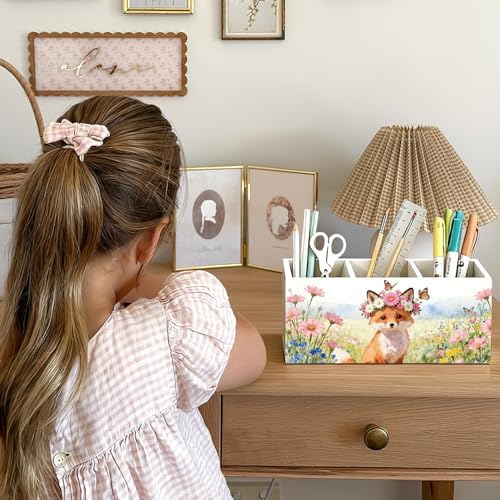 Fox Pen Pencil Holder for Desk Accessories, Fox Gifts for Women, Animal Lovers Gifts, Rustic Butterfly Flower Wild Animal Wooden Box Sign Decorations for Kids Room Home Office Desk Tabletop - Image 4