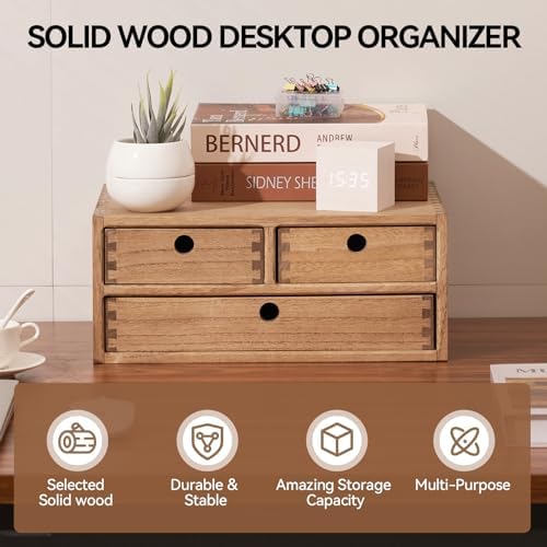 KIRIGEN Wood Desk Organizer with 3 Drawers, Desktop Storage Brown 23-DBR - Image 3