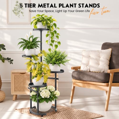 TOSKING Tall 5-Tier Round Metal Corner Plant Stand Indoor, Anti-Tip, Gray - Image 2