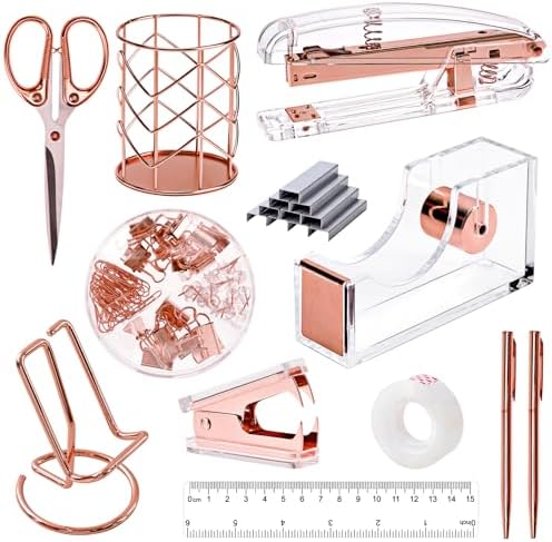 EOOUT Rose Gold Desk Accessories, Office Supplies and Accessories Set, Acrylic Stapler Set, Staple Remover, Phone Holder, Pen Holder, Scissor, Ruler, Transparent Tape by EOOUT
