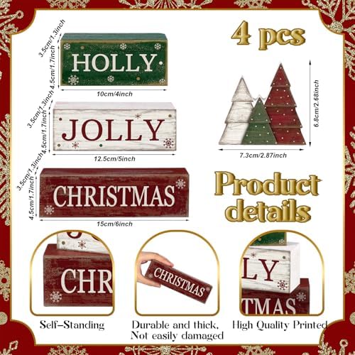 Moucuny 4 Pcs Christmas Centerpiece Wood Block Signs Holly Trees - Image 3