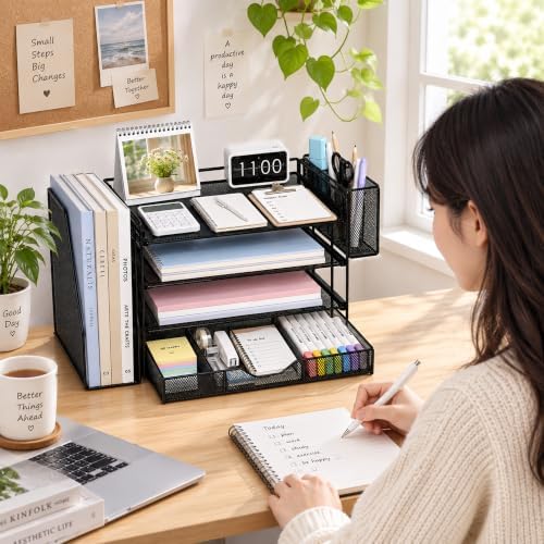 4-Tier Desk File Organizer with Drawer & Pen Holder (Black) - Image 4