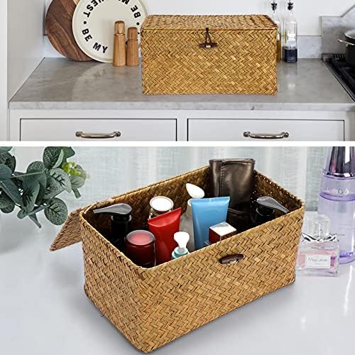 Hipiwe Wicker Shelf Baskets Bin Handwoven Seagrass Storage Basket with Lid - Image 2