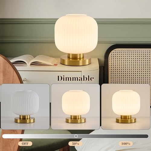White Glass Table Lamp,Vintage Gold Base Ribbed Bedside Lamp - Image 6