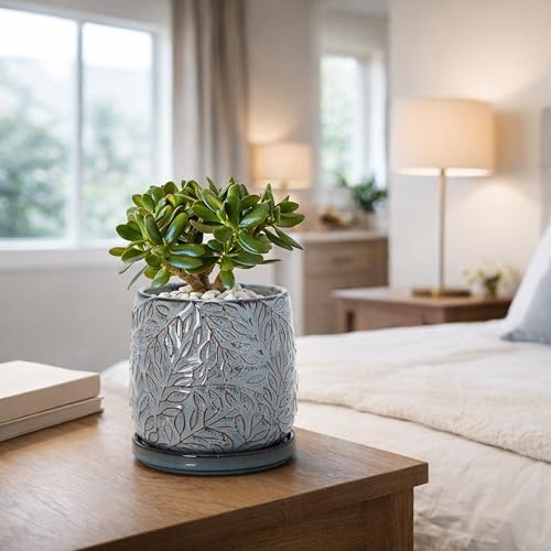 D'vine Dev Embossed Leaves Ceramic Planter, 5 in, Graphite Blue, 27-A-V-9 - Image 2