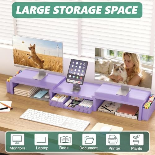 OPNICE Desk Organizer and Accessories, Computer Monitor Stand Riser with Drawer and 2 Pen Holders, Laptop Stand, Office Desk Accessories for Office Supplies, Purple - Image 5
