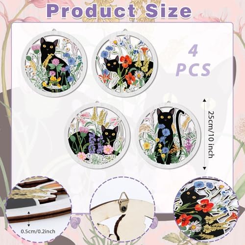 HPNIUB Funny Black Cat Wall Decor,Farmhouse Floral Wooden Signs,4 Pieces 10''x10'' Colorful Botanical Kitten Wall Art,Plant Cat Wood Plaque Home Decor for Pet Shop,Nursery,Lovely Cat Gifts - Image 2