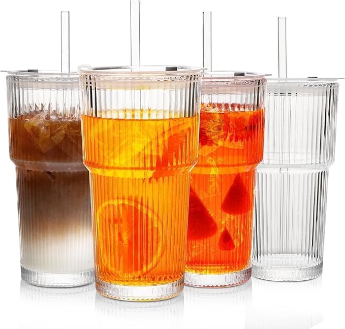 Glass Cups with Lids and Straws, 20oz Ribbed Glass Tumbler for Iced Coffee, Clear Drinking Glass with Reusable Glass Straw, Leak-Resistant Lid, Fit for Cup Holder, Dishwasher Safe by MINGHYZYA