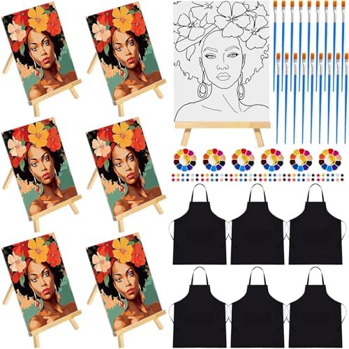 Motipuns 6 Set Pre Drawn Canvas for Painting for Adults Sip and Paint Kit with Easels 8 x 10 Inches Paint Party Kit with Printed Canvas Paints Brushes Palette Apron(Beauty and Flowers) by Motipuns