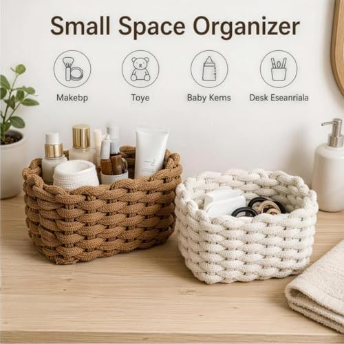 Woven Baskets 2 Pcs White and Brown, Small Storage Basket & Basket Organizer, Decorative Basket for Home, Countertop Cosmetics Toys Wardrobe Living Room Bedroom Desktop Storage and Decoration - Image 3