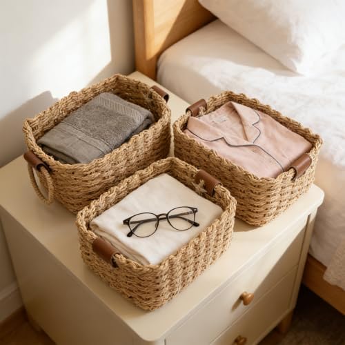 Small Wicker Rope Baskets Set of 3, Eco-Friendly Soft Woven Storage Organizing Baskets with Handle, Decorative Square Basket for Home, Shelves, Bathroom ﻿ - Image 5