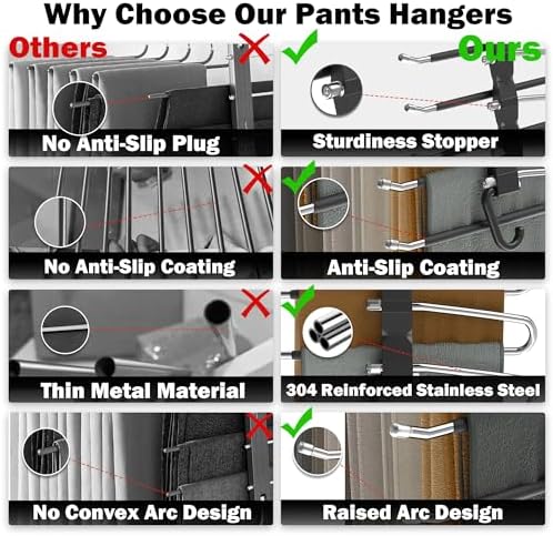 Pants Hangers Space Saving - 4 PCS Closet Organizer and Storage Jean Hangers, Stainless Steel Anti-Slip Clothes Hanger Scarf Holder Pants for Jeans Leggings Trousers Rack for Back to School, Black - Image 4