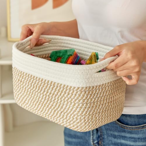 R RUNKA Small Cotton Rope Basket – Storage Bin for Organizing (10.6" x 6.7" x 6.7"), Bathroom Storage Basket for Shelf, Counter & Closet（White & Mixed Camel） - Image 6