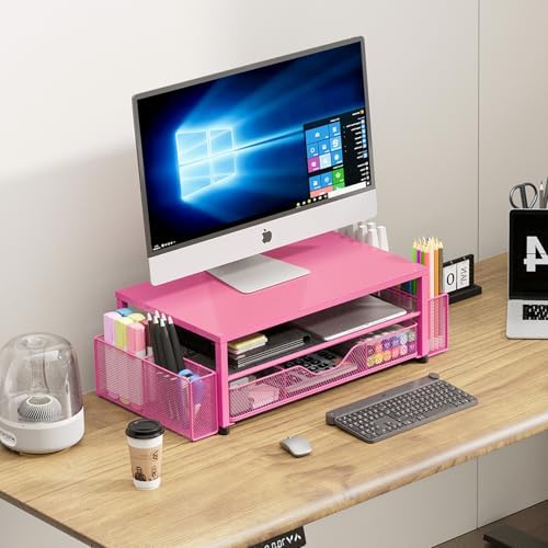 OPNICE Desk Organizers and Accessories, Computer Monitor Stand Riser with Drawer and 2 Pen Holders, Printer & Laptop Stand, Office Desk Accessories & Workspace Organizers for Home Office Supplies, Carmine Rose - Image 3