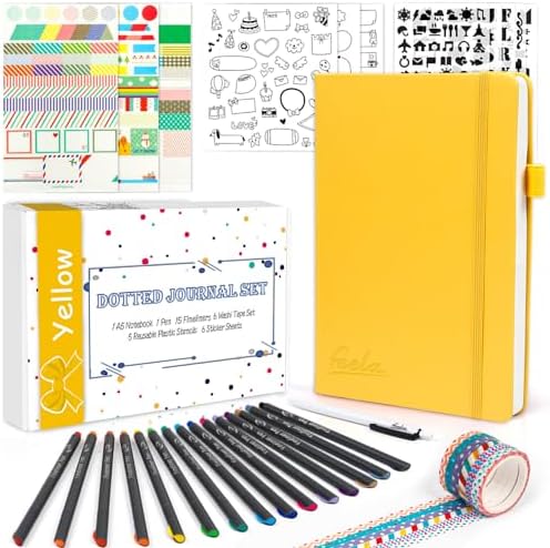 feela Dotted Journal Kit, Dot Grid Journal Hardcover Planner Notebook Set For Beginners Women Girls Note Taking with Journaling Supplies Stencils Stickers Pens Accessories, A5, 224 Pages, Yellow by feela