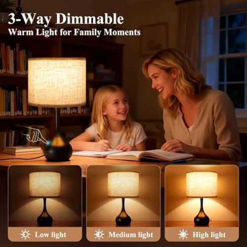 ONEWISH Touch Bedside Lamp for Bedroom, 3-Way Dimmable Table Lamps for Nightstand with Cylindrical Fabric Shade, Desk Lamp for Living Room, End Tables, Home Office - Image 2