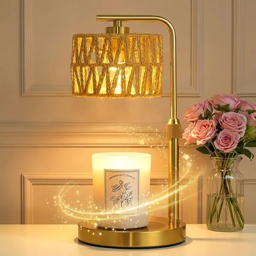 Candle Warmer Lamp with Timer, Dimmable Candle Warmer for Jar Candles, Height Adjustable Candle Lamp Warmer, Boho Rattan Lampshade and 2 Bulbs, Gift for Home Room Decor, Gifts for Women Mom (Gold) by LAMP