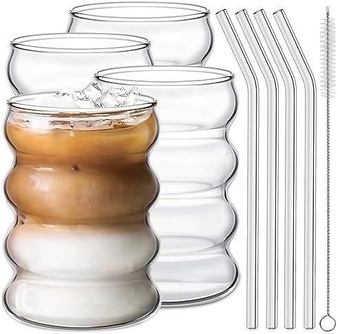 Ework4U 4 Pcs Drinking Glasses with Glass Straw 14oz Glassware Set,Cocktail Glasses,Iced Coffee Glasses,Beer Glasses,Ideal for Water,Soda,Tea,Gift with Cleaning Brushes by Ework4U