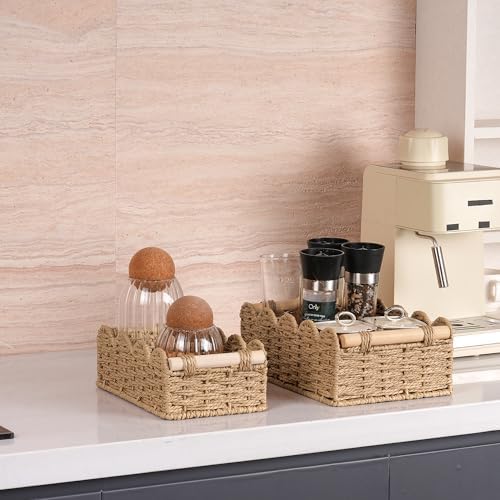 iEGrow Paper Rope Small Storage Baskets for Organizing, Set of 2 Scalloped Edge Wicker Basket with Wooden Handles Toilet Paper Basket for Over Toilet Storage Shelf, Home Decor, Living Room (Neutral) - Image 6
