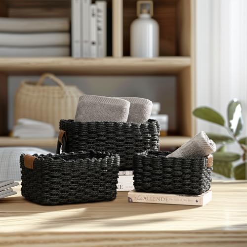 La Jolie Maison Small Black Wicker Baskets Set of 3, Paper Rope Storage Baskets with Handle, Small Woven Baskets for Organizing, Decorative Cute Baskets for Gifts - Image 2