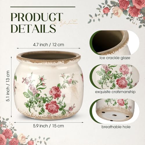 Vintage Planter Large Ceramic Plants Pot Beige Pink French Rose - Image 2