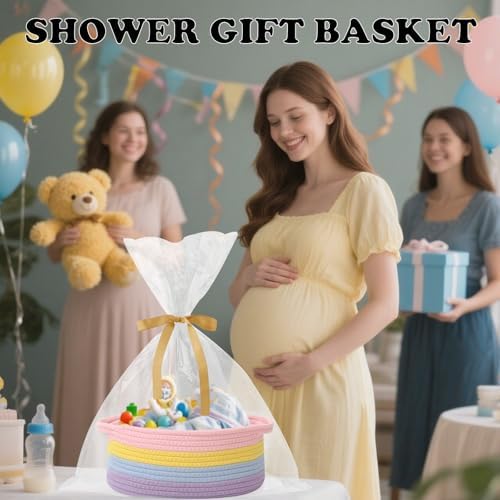 Woven Rope Basket,Baby Gift Basket with Bag & Ribbon, Rainbow - Image 6