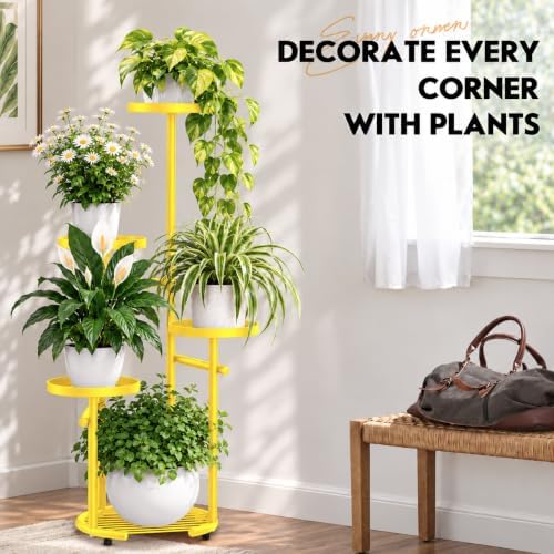TOSKING Tall 5-Tier Round Metal Corner Plant Stand Indoor, Anti-Tip,Yellow - Image 5