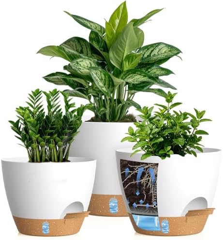 Self Watering Pots with Drainage Holes, 3 Pack 12/10/8 Inch Plant Pots with Water Level Indicator Deep Reservoir, Large Plastic Planter for Indoor Outdoor Plants - White Brown by KUGAZ