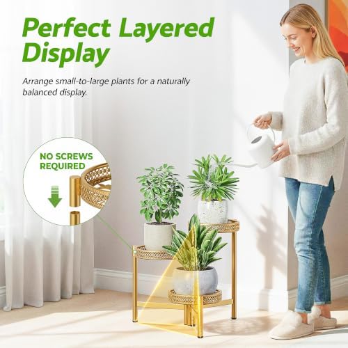 Metal Plant Stand Indoor Outdoor, 3 Tier Corner Plant Shelf for Multiple Plants, Gold Tiered Plant Stand, Heavy Duty Flower Holder, Folding Tall Rack for Garden Patio Balcony - GoldWave - Image 6
