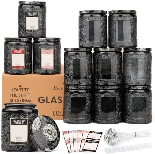 LumaCraft Luxury Embossed Glass Candle Jars for Making Candles - 12 Pack Empty Candle Containers with Lids, 20 Wicks & 20 Stickers, Colored Glass Jars for Gifts & Decor by Unknown