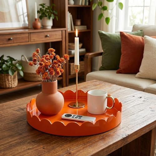 Gesodant 13" Round Scalloped Decorative Tray for Coffee Table Decor, Candle & Perfume Tray, Dining Table Centerpiece & Aromatherapy Candle Display, Modern Glossy Lacquer Look (Orange) - Image 2