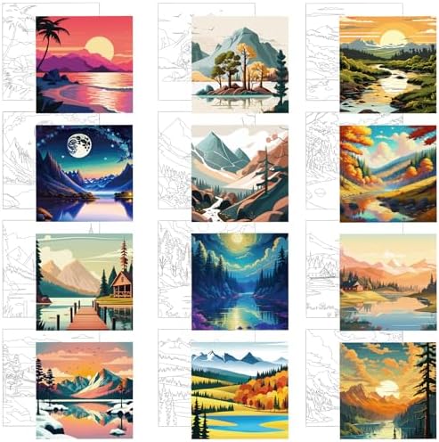 Affrolling 12 Pcs Pre Drawn Canvas to Paint for Adults Sunset Landscape by Affrolling