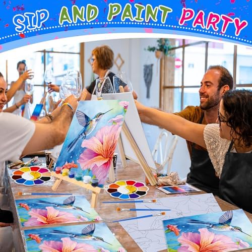 Motipuns 6 Set Pre Drawn Canvas for Painting for Adults Sip and Paint Kit with Easels 8 x 10 Inches Paint Party Kit with Printed Canvas Paints Brushes Palette Apron(Hummingbird) - Image 5