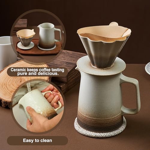 Pour Over Coffee Maker, Ceramic Coffee Dripper with 40pcs V02 Paper Filter & Coaster, 18.2oz/540ml Flower Shape Pour Over Coffee Filter set (Brown Gradient Set) - Image 2