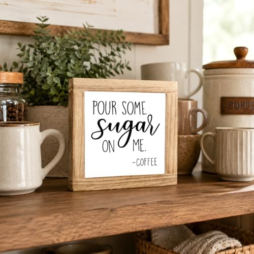Funny Coffee Wood Sign, Pour Some Sugar On Me Plaque, Sweet Coffee Bar Decor Accent, Rustic Kitchen Counter Display For Pantry Shelf Breakfast Nook, 5.9 x 5.9 in - Image 3