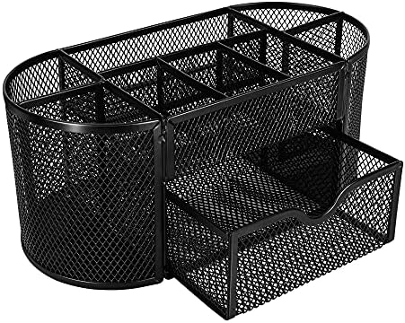 Amazon Basics Mesh Desk Organizer with Pen Holder, Pullout Drawer and Office Caddy Storage, 9.25" x 4.53" x 3.94", Black - Image 2