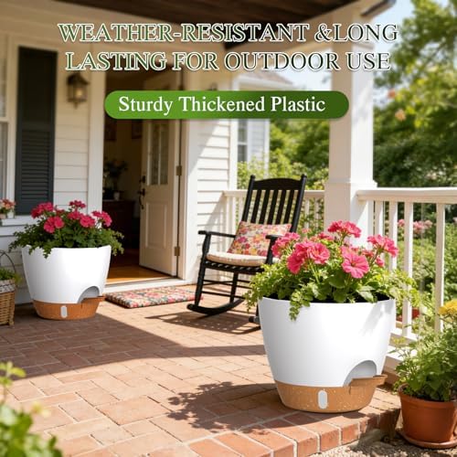 Self Watering Pots with Drainage Holes, 3 Pack 12/10/8 Inch Plant Pots with Water Level Indicator Deep Reservoir, Large Plastic Planter for Indoor Outdoor Plants - White Brown - Image 5