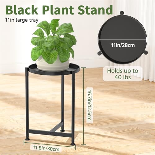 LASZOLA Metal Small Plant Stand Indoor Tall with 11 Inch Large Tray, Black - Image 2