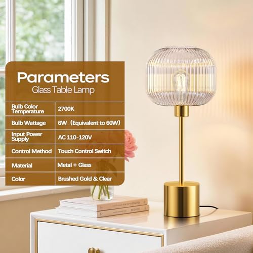 Glass Table Lamp for Living Room, Modern Gold Clear Bedroom Bedside Lamp - Image 3